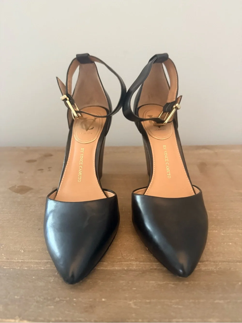 Vince Camuto Black Pointed Toe Ankle Strap Heels